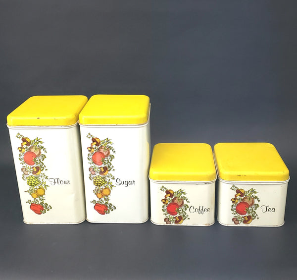 Vintage Metal Kitchen Canister Set Spice of Life with Yellow Lids Cheinco Set of 4