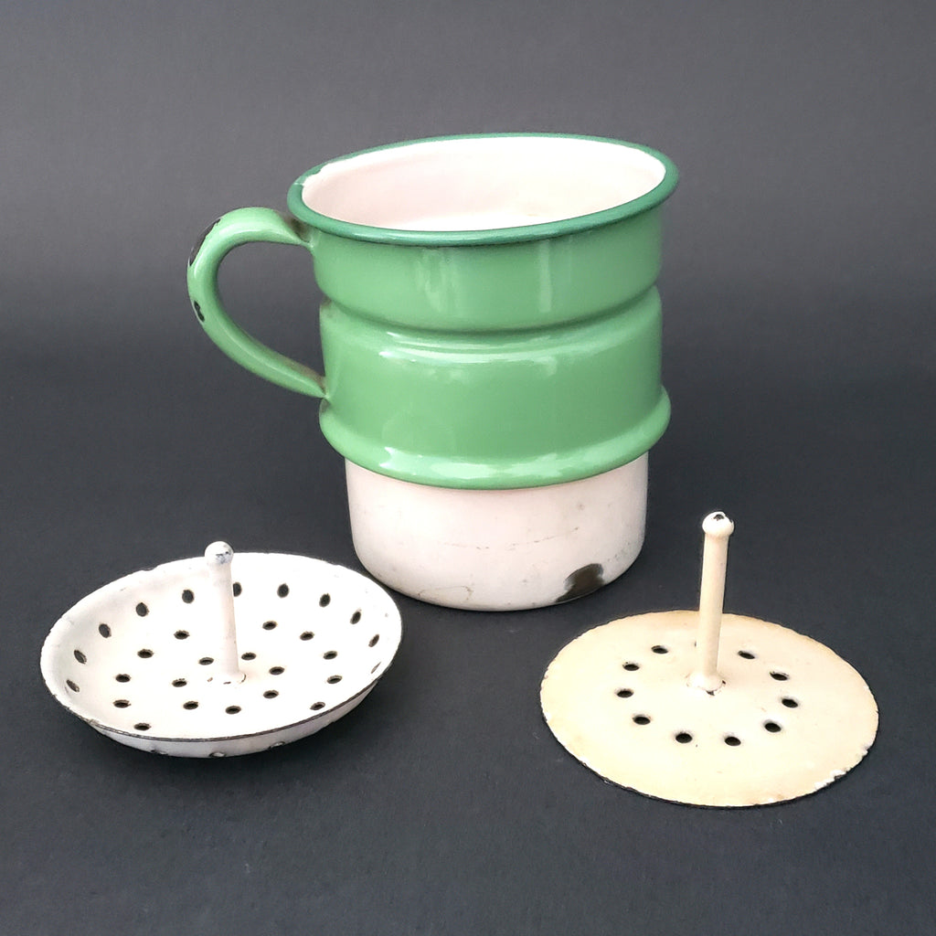 Vintage Cream & Green Enamel Ware Coffee Pot 