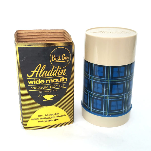 Vintage Aladdin Wide Mouth Thermos Pint Size Blue Plaid with Sleeve Tennessee USA