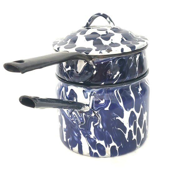 Vintage Deep Blue and White Swirl Spatter Double Boiler Kitchen Accent