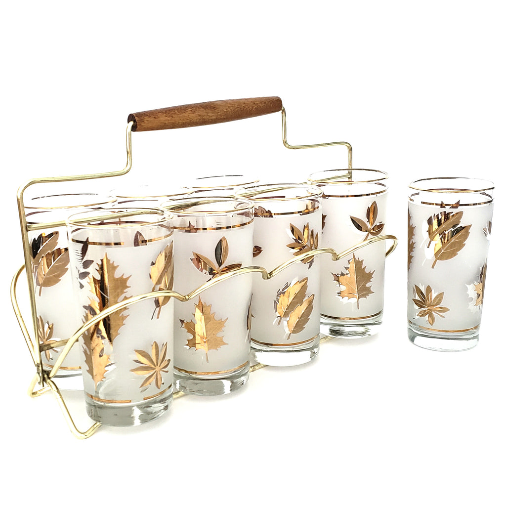 Set of 8 Mid Century Libby Gold Leaf Drinking Glasses, Carrier Rack,  Vintage