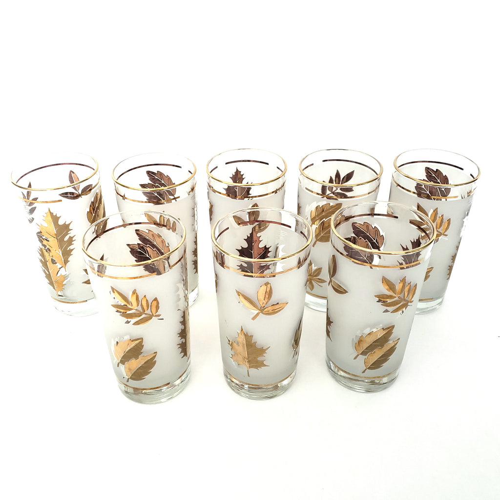 Vintage Midcentury Libbey Set of Eight Highball Frosted and Gold