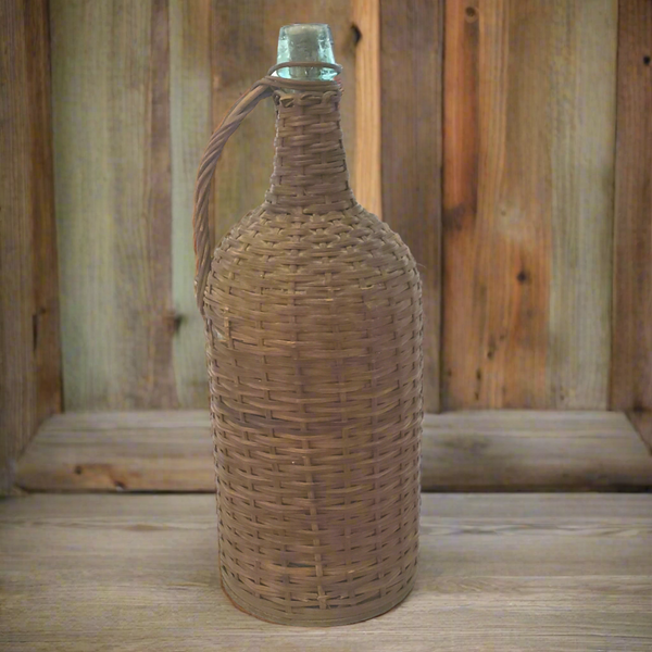 Antique Aqua Green Demijohn Glass Bottle, Wicker Woven 16 " with Wooden Base