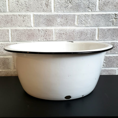 Large Farmhouse White Round Enamelware Basin with Black Trim 15 inch Diameter