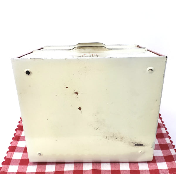 Vintage Metal Bread Box CATTAIL Pattern Two Tier Doors Cream and Red 1930s-1950s