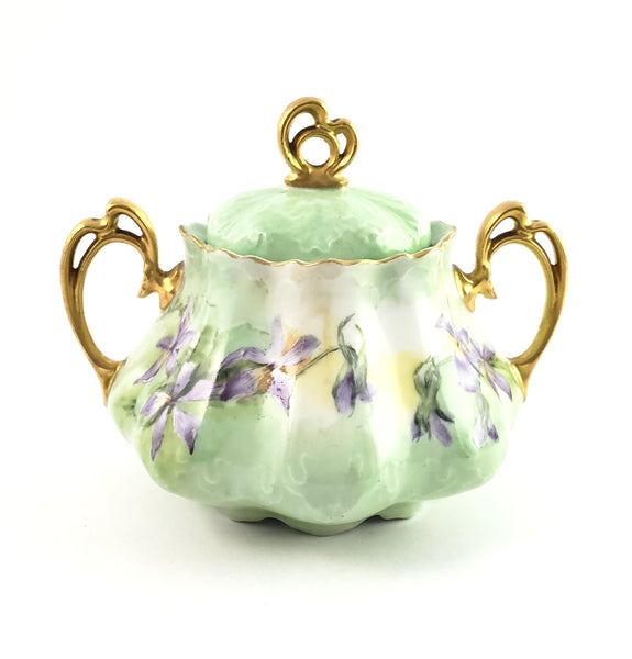 Antique MZ Austria Porcelain Sugar Bowl Matching Lid Pastel Iris Mold 864