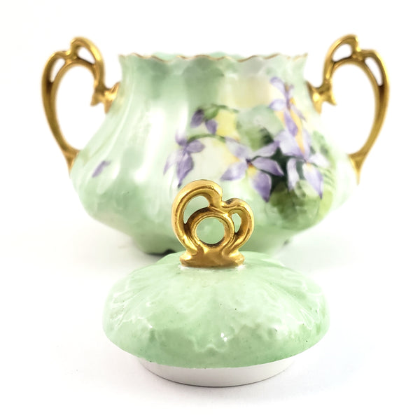 Antique MZ Austria Porcelain Sugar Bowl Matching Lid Pastel Iris Mold 864