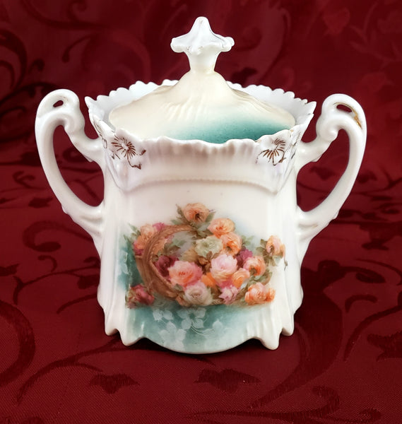 RS Prussia Sugar Bowl with Matching Lid Roses in Basket