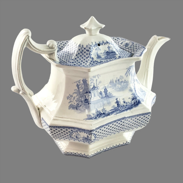 Antique Blue Transfer Ware Teapot with English Scene 8 Cups