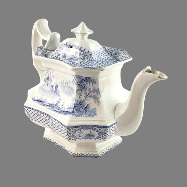 Antique Blue Transfer Ware Teapot with English Scene 8 Cups