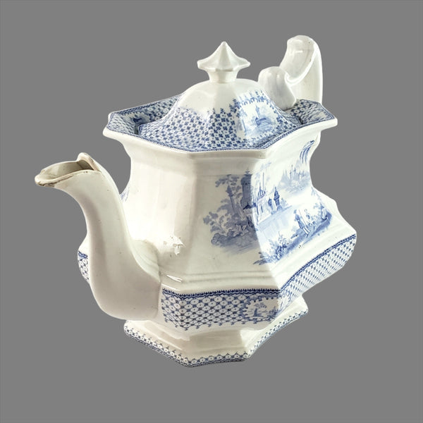 Antique Blue Transfer Ware Teapot with English Scene 8 Cups