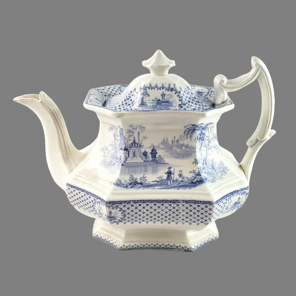 Antique Blue Transfer Ware Teapot with English Scene 8 Cups