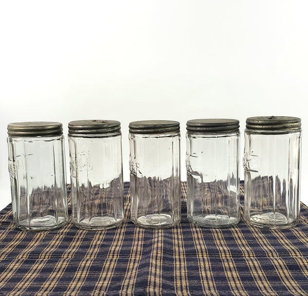 Antique Hoosier Cabinet Glass Spice Jars with Tin Lids Script Colonial Set of 5