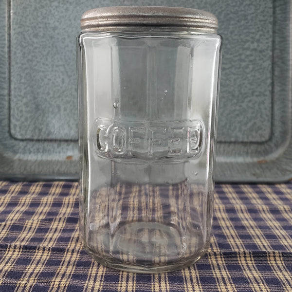 Antique Hoosier Cabinet Glass COFFEE Jar with Tin Lid