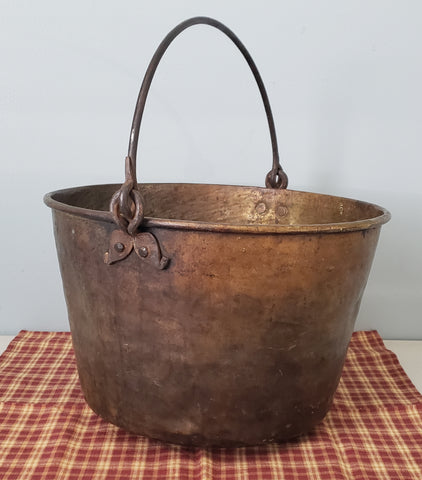 Antique Hand Forged Brass Trading Kettle Wrought Iron Bail & Leaf Shape Ears