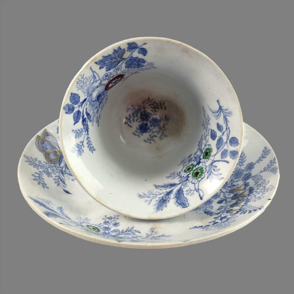Antique English Transfer Princess Feather 3 Pc Handleless Cup, Saucer & Plate E. Challinor