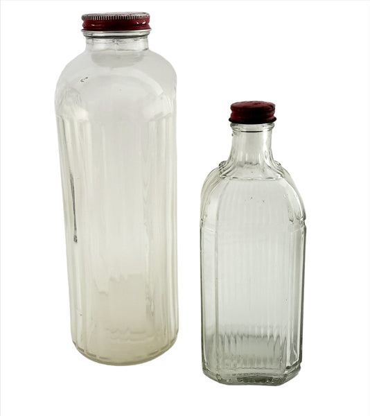 Vintage Glass Ribbed Bottles with Red Aluminum Screw Lid ca. 1930s-1950s