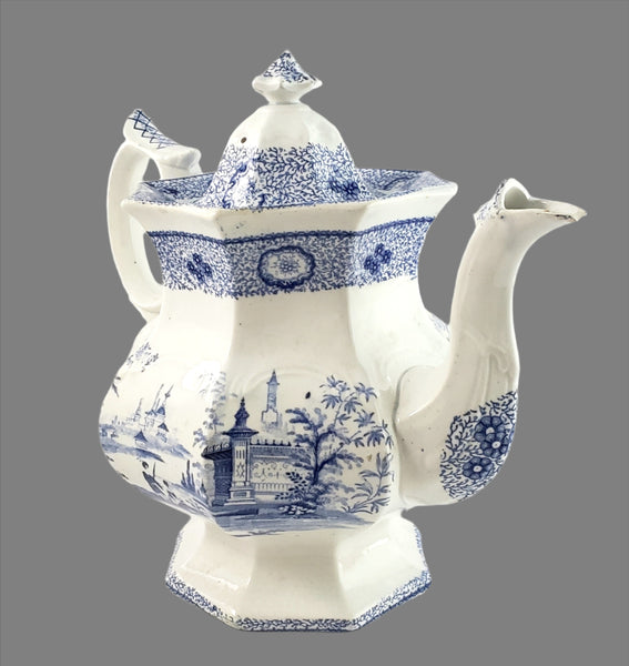 Antique Blue Transfer Ware Teapot with English Scene 8 Cups