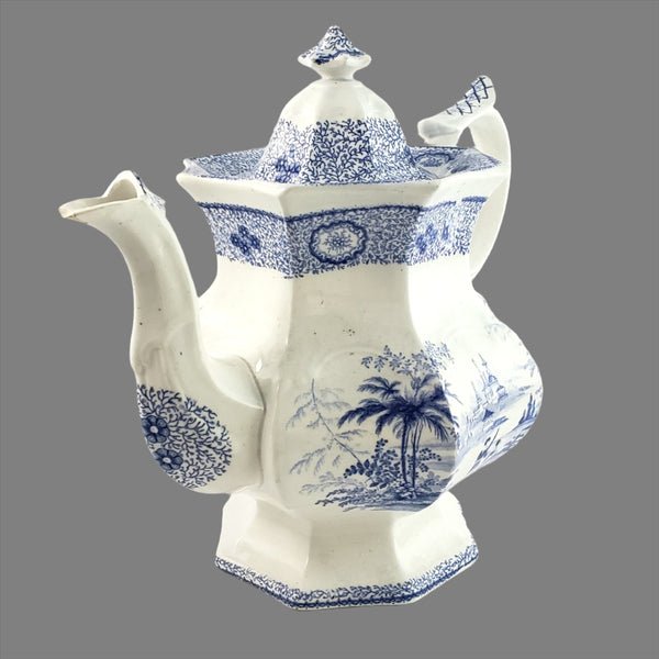 Antique Blue Transfer Ware Teapot with English Scene 8 Cups