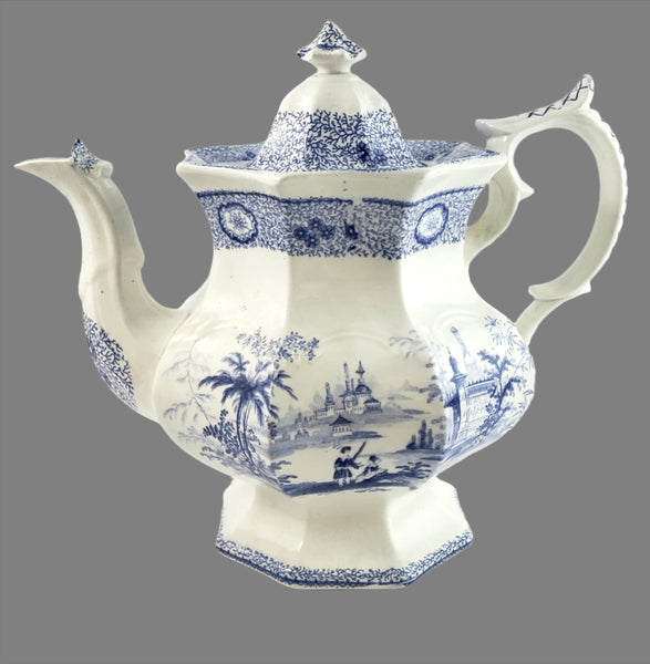 Antique Blue Transfer Ware Teapot with English Scene 8 Cups