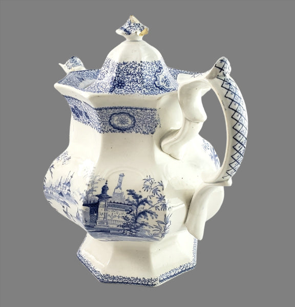 Antique Blue Transfer Ware Teapot with English Scene 8 Cups