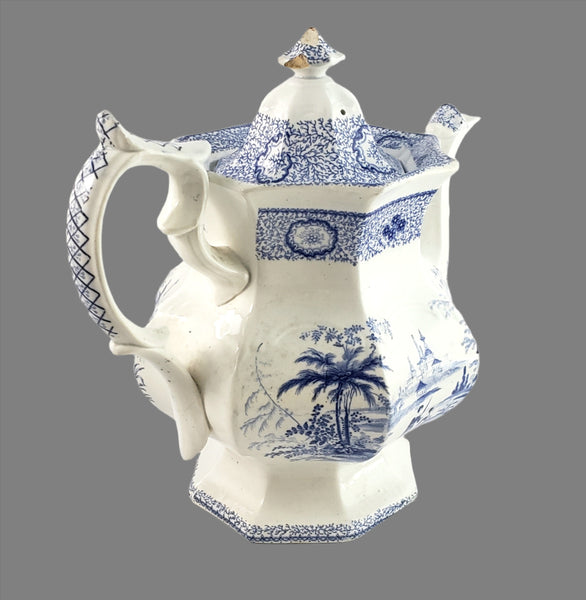 Antique Blue Transfer Ware Teapot with English Scene 8 Cups