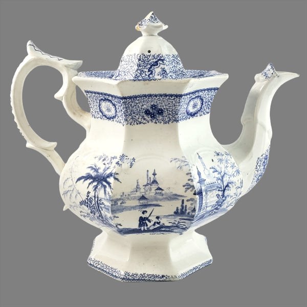 Antique Blue Transfer Ware Teapot with English Scene 8 Cups