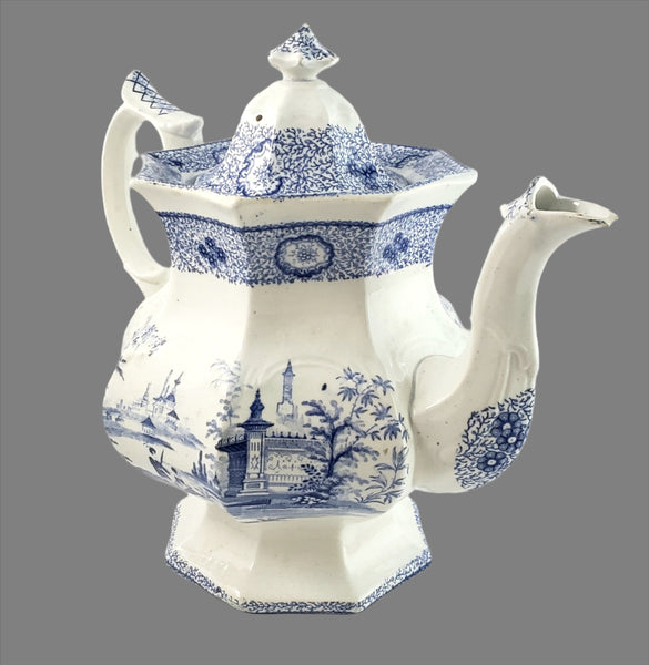 Antique Blue Transfer Ware Teapot with English Scene 8 Cups