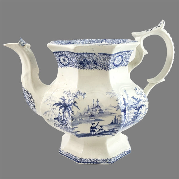 Antique Blue Transfer Ware Teapot with English Scene 8 Cups