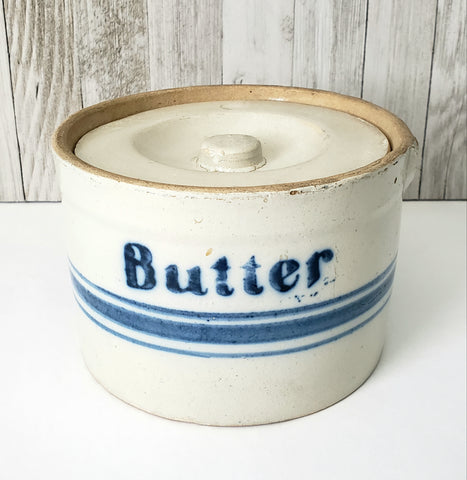 Antique Blue Decorated Stoneware Butter Crock with Lid Missing Handle