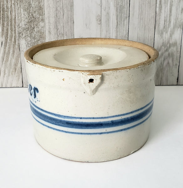 Antique Blue Decorated Stoneware Butter Crock with Lid Missing Handle