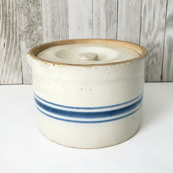 Antique Blue Decorated Stoneware Butter Crock with Lid Missing Handle