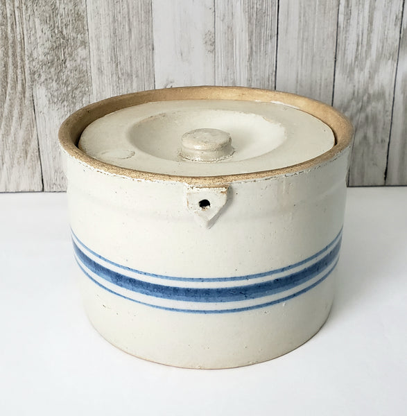 Antique Blue Decorated Stoneware Butter Crock with Lid Missing Handle