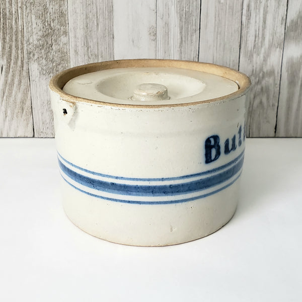 Antique Blue Decorated Stoneware Butter Crock with Lid Missing Handle