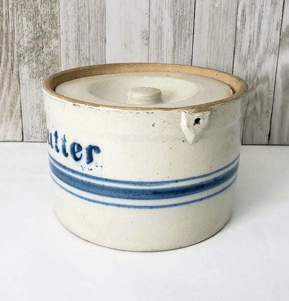 Antique Blue Decorated Stoneware Butter Crock with Lid Missing Handle