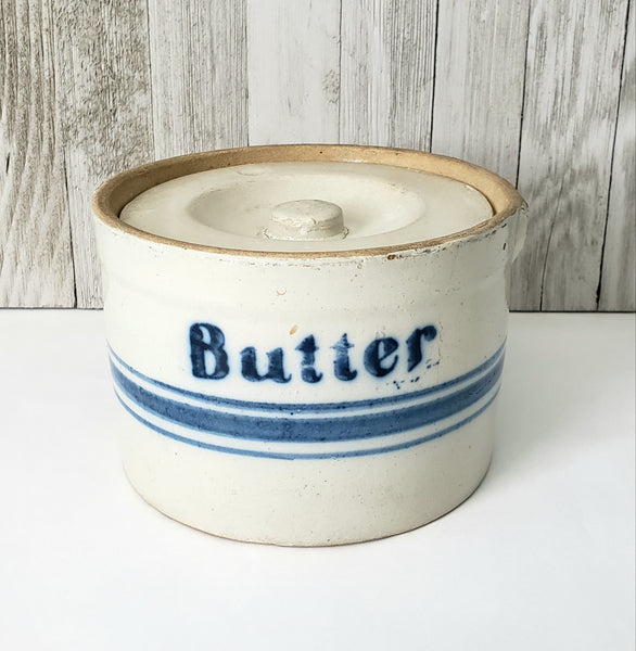 Antique Blue Decorated Stoneware Butter Crock with Lid Missing Handle