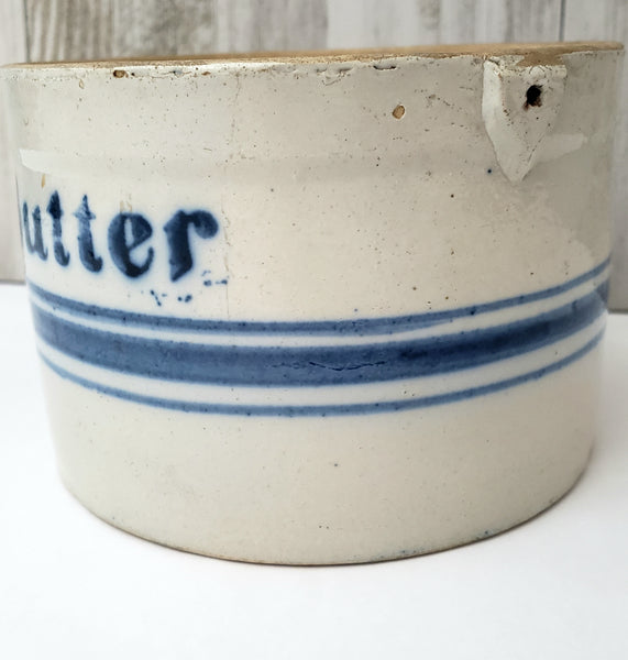 Antique Blue Decorated Stoneware Butter Crock with Lid Missing Handle