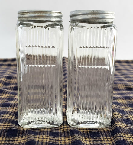 Antique Hoosier Cabinet Mission Style Glass Spice Shaker Set of 2 with Lids
