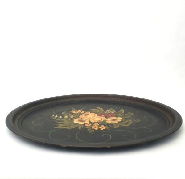 Large Vintage 26" Hand Painted Toleware Tray Floral Signed and Dated 1939