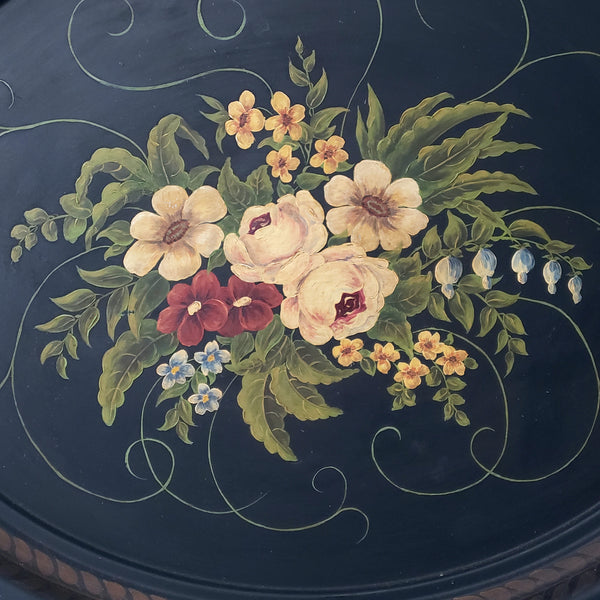 Large Vintage 26" Hand Painted Toleware Tray Floral Signed and Dated 1939