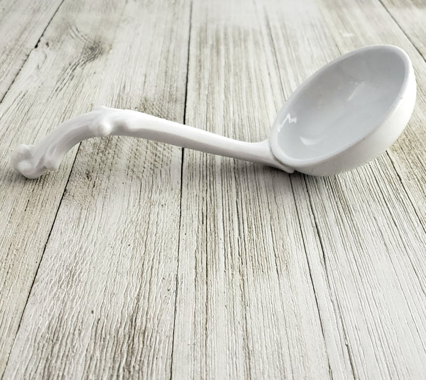 Vintage White Ironstone Gravy Sauce Ladle 7" Decorative Leafy Handle