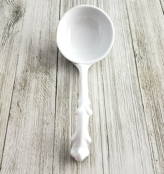 Vintage White Ironstone Gravy Sauce Ladle 7" Decorative Leafy Handle