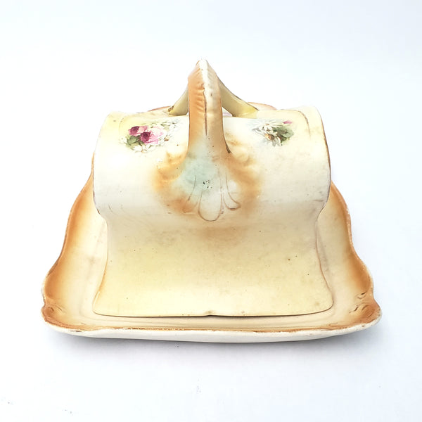 Antique Victorian Cheese Keeper Covered Dish Scrolls & Pink Roses