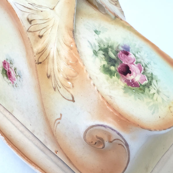 Antique Victorian Cheese Keeper Covered Dish Scrolls & Pink Roses