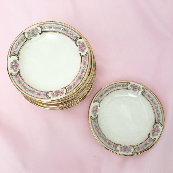 Antique Round Porcelain Butter Pats Small Dishes Set of 11 Pink Roses Gold Trim 3 1/2"