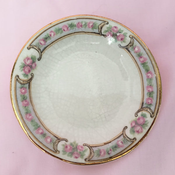 Antique Round Porcelain Butter Pats Small Dishes Set of 11 Pink Roses Gold Trim 3 1/2"