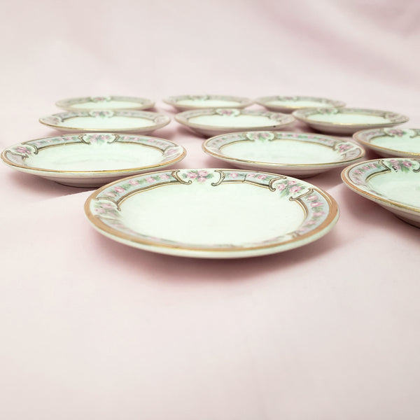 Antique Round Porcelain Butter Pats Small Dishes Set of 11 Pink Roses Gold Trim 3 1/2"