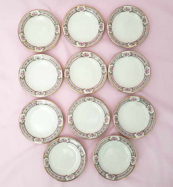 Antique Round Porcelain Butter Pats Small Dishes Set of 11 Pink Roses Gold Trim 3 1/2"