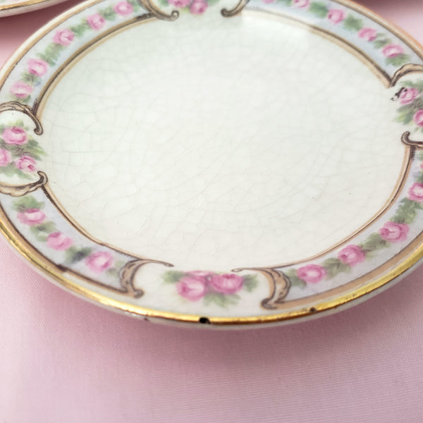 Antique Round Porcelain Butter Pats Small Dishes Set of 11 Pink Roses Gold Trim 3 1/2"