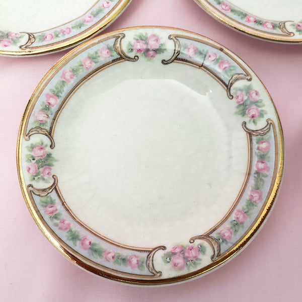 Antique Round Porcelain Butter Pats Small Dishes Set of 11 Pink Roses Gold Trim 3 1/2"